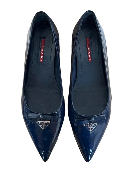 Prada Shoes - Prada Patent Leather Pointed Toe Flats Navy Triangle Logo Size 39